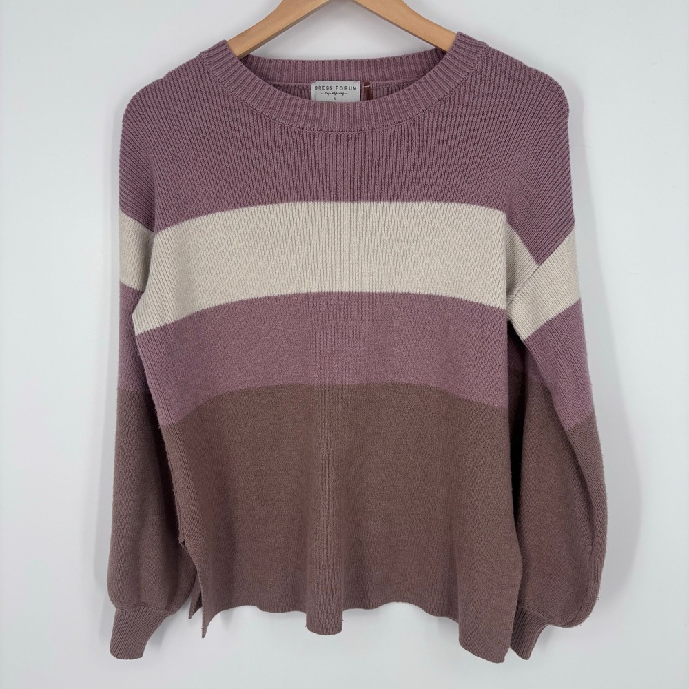 Dress Forum Striped Colorblock Knit Pullover Sweater Womens Large Mauve Mix